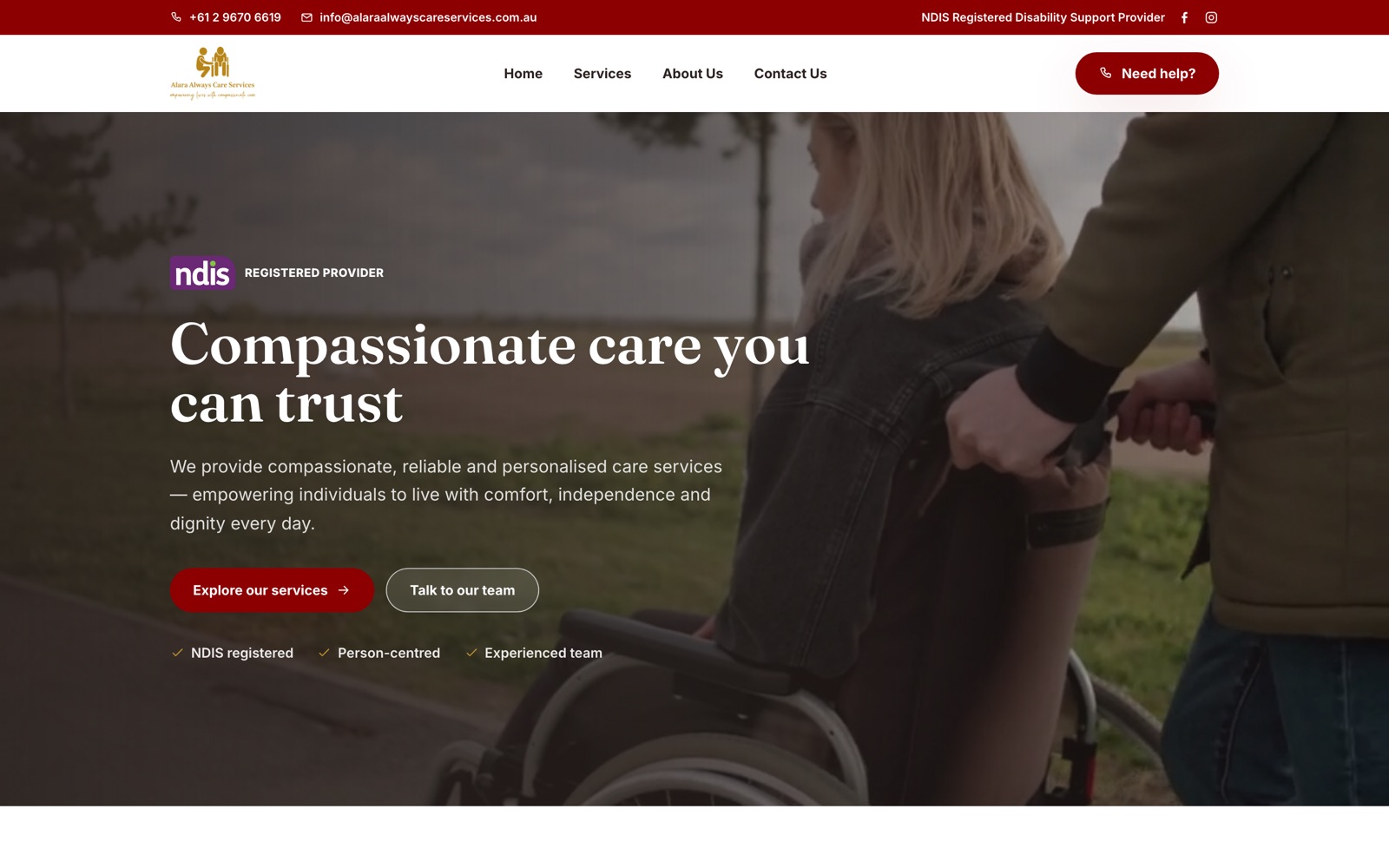 The Alara Always Care Services website presenting an NDIS-registered care provider