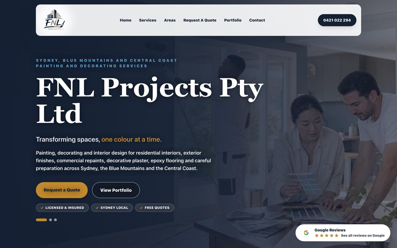 The FNL Projects customer-facing website for a painting and decorating business