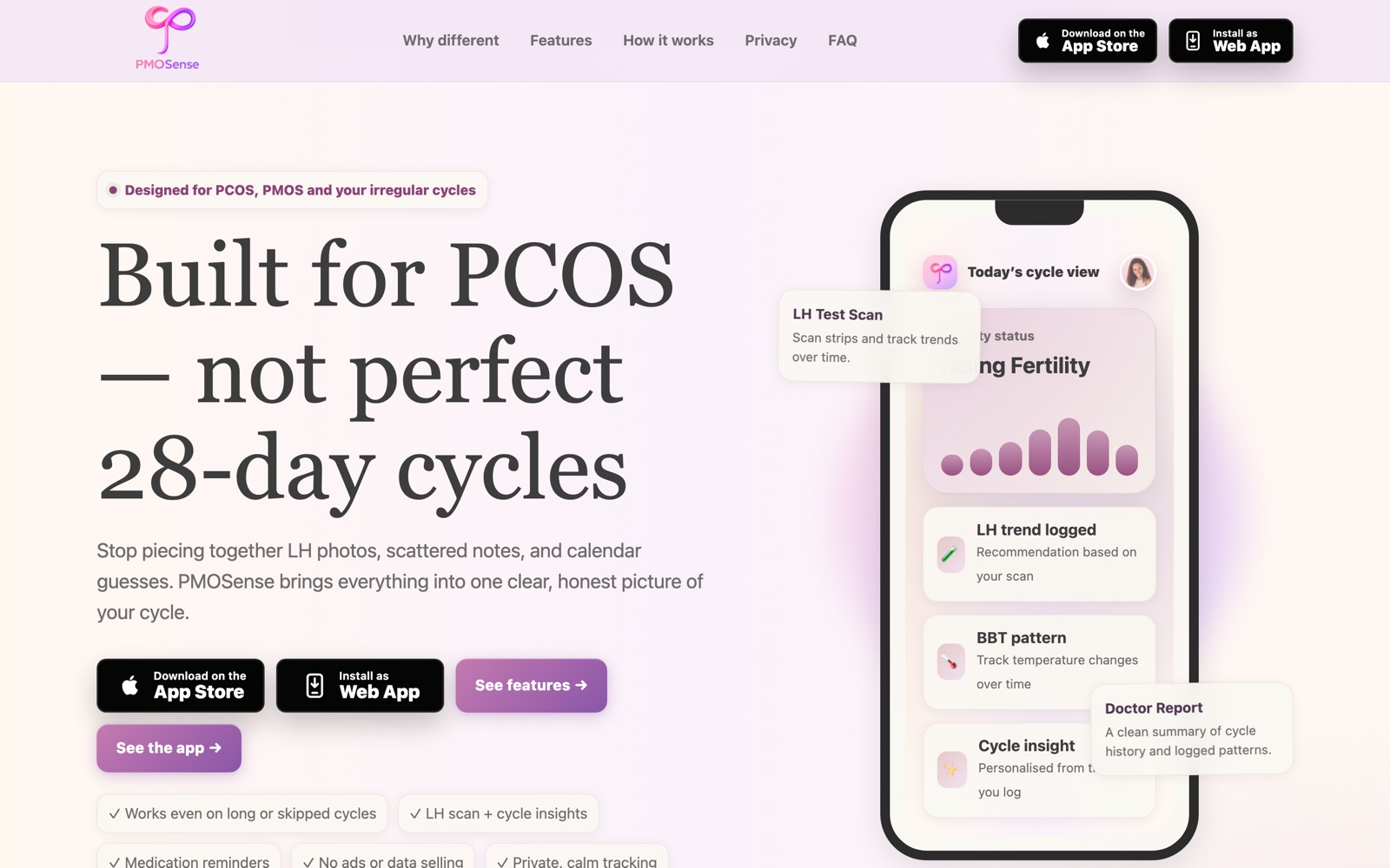 The PMOSense website showing cycle tracking and fertility insights across web and iOS